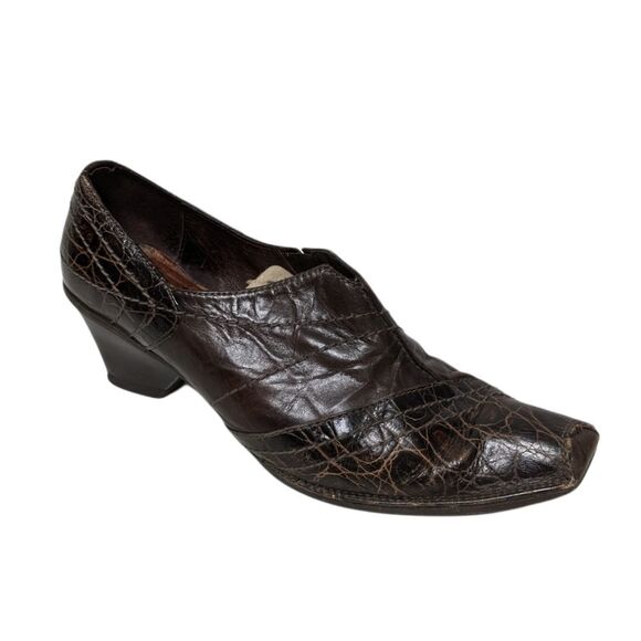 HISPANITAS Brown Leather Croc Embossed Heeled Loafers 7 - Picture 1 of 12